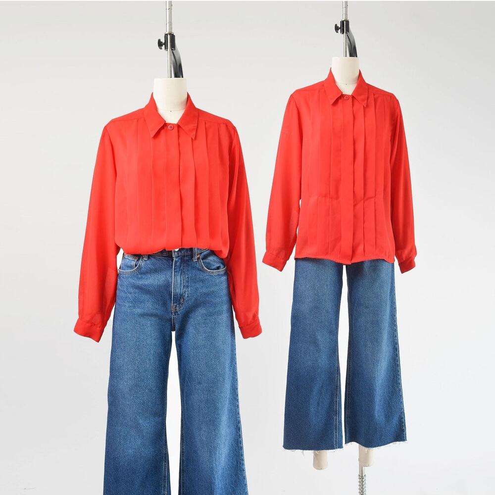 Vintage 80s Red Semi Sheer Blouse Pleated Button Up Long Sleeve Top size M